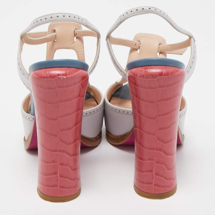 Pre Owned Fendi White Leather Chameleon T Strap Sandals Size 38