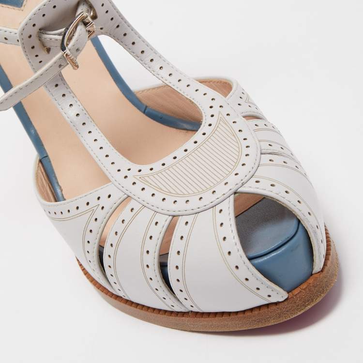 Pre Owned Fendi White Leather Chameleon T Strap Sandals Size 38