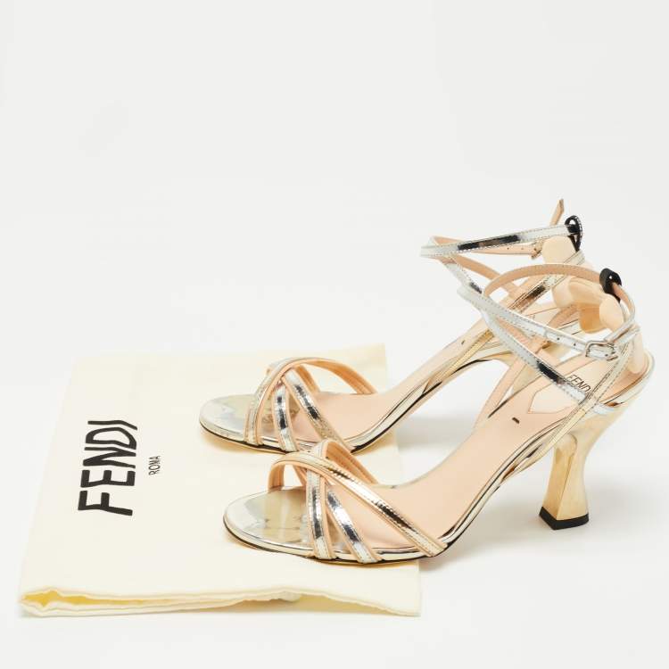 Pre Owned Fendi Metallic Silver/Gold Foil Leather Strappy Sandals Size 37