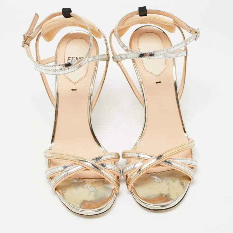 Pre Owned Fendi Metallic Silver/Gold Foil Leather Strappy Sandals Size 37