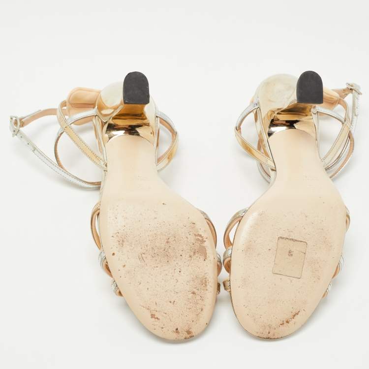 Pre Owned Fendi Metallic Silver/Gold Foil Leather Strappy Sandals Size 37