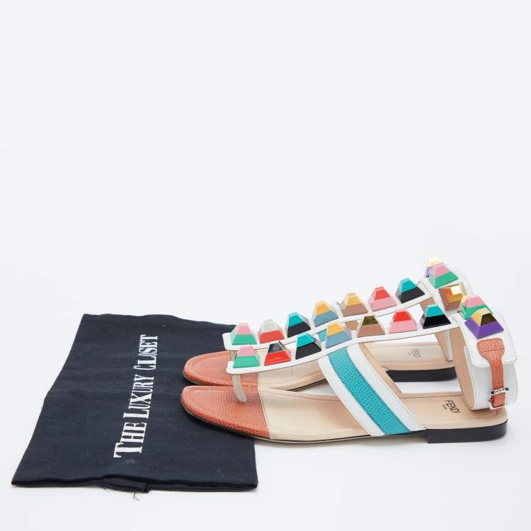 Pre Owned Fendi Multicolor Leather Studded Ankle Cuff Flat Sandals Size 36