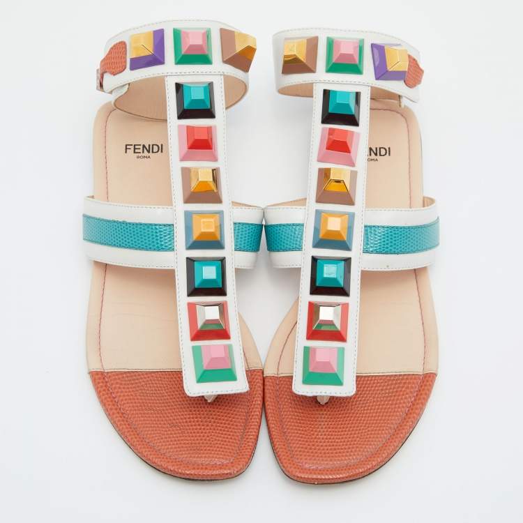 Pre Owned Fendi Multicolor Leather Studded Ankle Cuff Flat Sandals Size 36