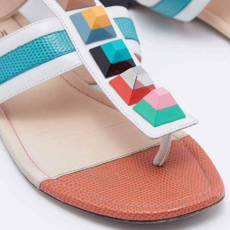 Pre Owned Fendi Multicolor Leather Studded Ankle Cuff Flat Sandals Size 36
