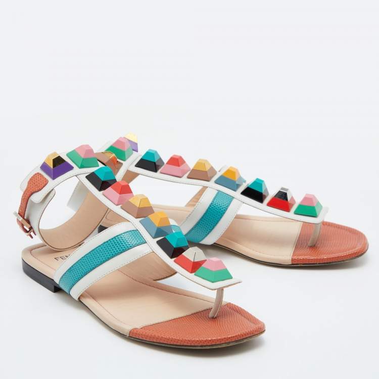 Pre Owned Fendi Multicolor Leather Studded Ankle Cuff Flat Sandals Size 36
