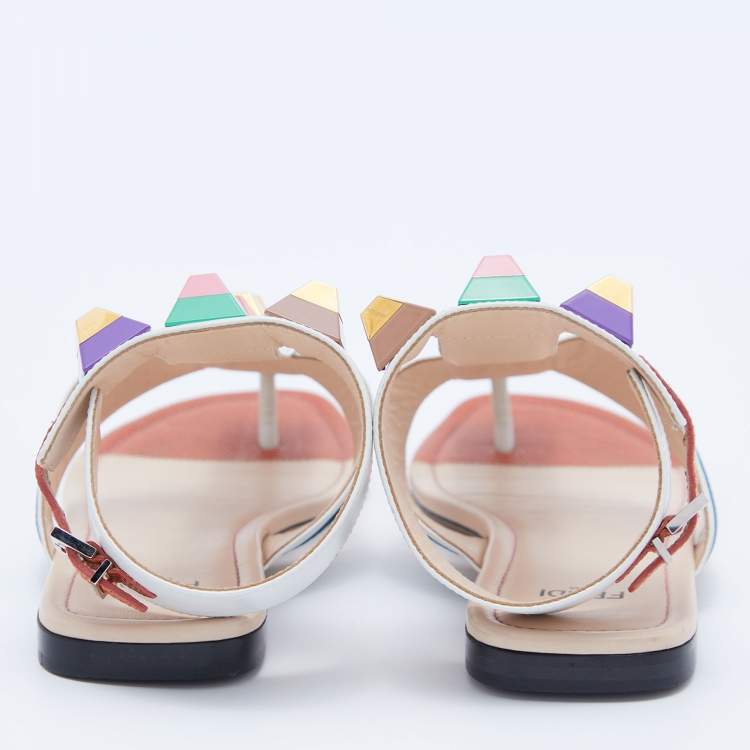 Pre Owned Fendi Multicolor Leather Studded Ankle Cuff Flat Sandals Size 36