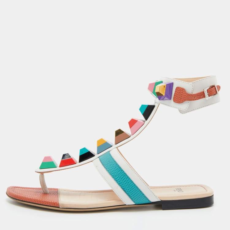 Pre Owned Fendi Multicolor Leather Studded Ankle Cuff Flat Sandals Size 36