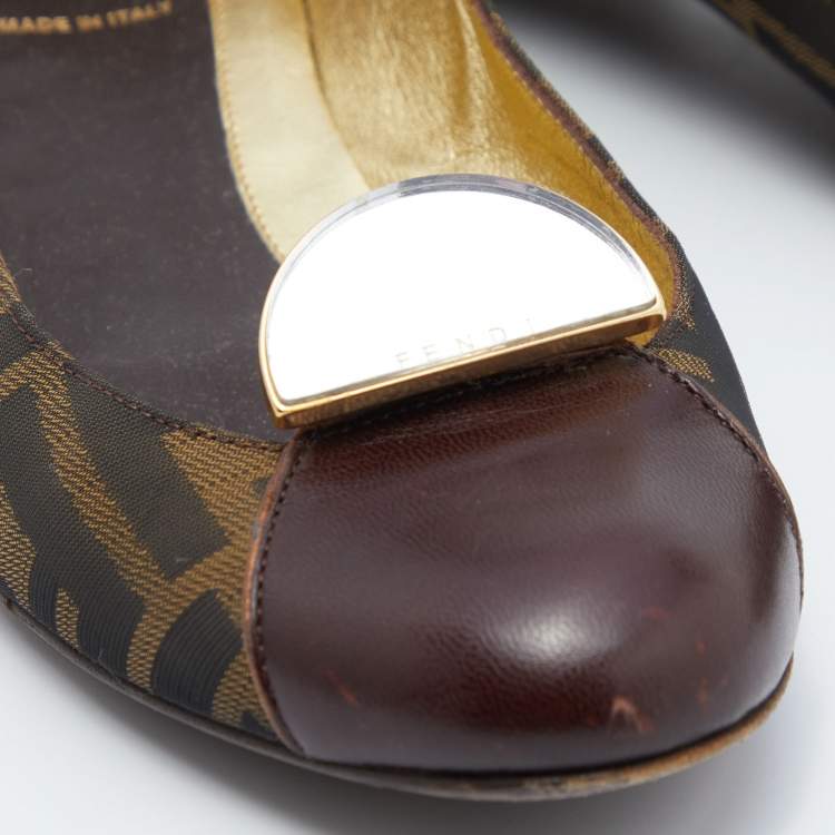 Pre Owned Fendi Brown/Black Zucca Canvas and Leather Cap Toe Flats Size 38.5