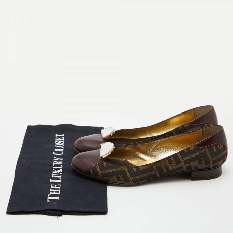 Pre Owned Fendi Brown/Black Zucca Canvas and Leather Cap Toe Flats Size 38.5