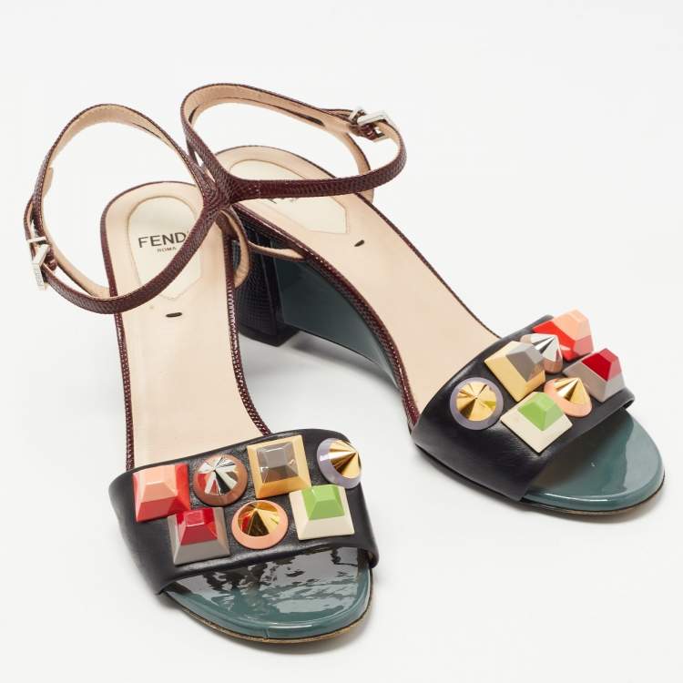 Pre Owned Fendi Black/Burgundy Leather and Embossed Lizard Fantasia Studded Ankle Strap Sandals Size 37.5 