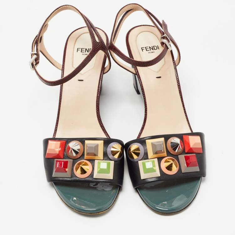 Pre Owned Fendi Black/Burgundy Leather and Embossed Lizard Fantasia Studded Ankle Strap Sandals Size 37.5 