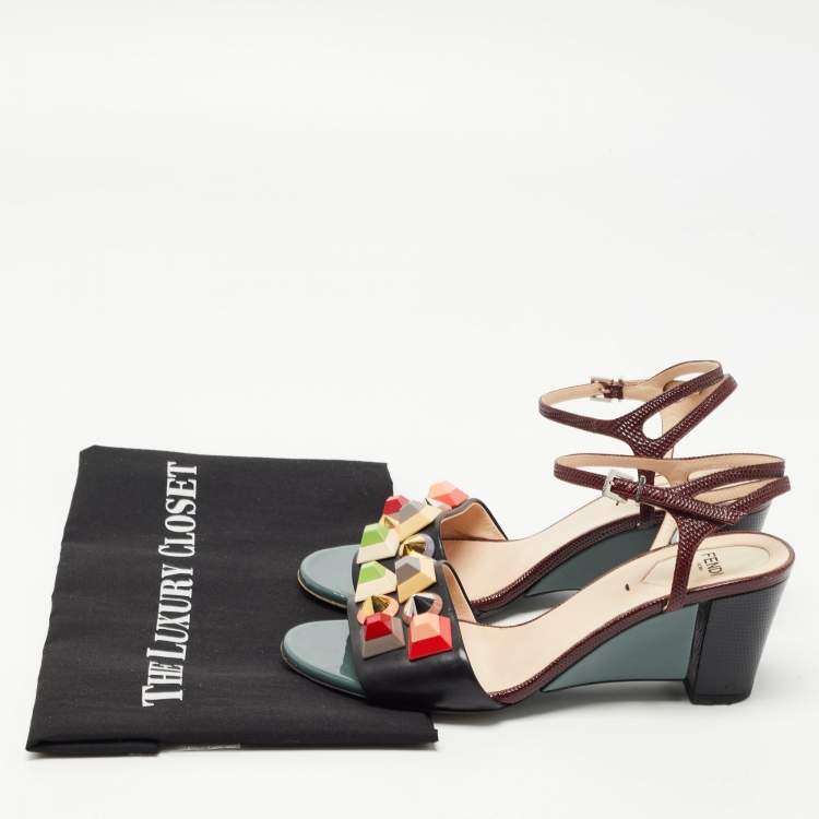 Pre Owned Fendi Black/Burgundy Leather and Embossed Lizard Fantasia Studded Ankle Strap Sandals Size 37.5 