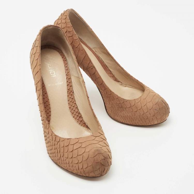 Pre Owned Fendi Brown Python Embossed Leather FF Logo Heel Platform Pumps Size 36.5