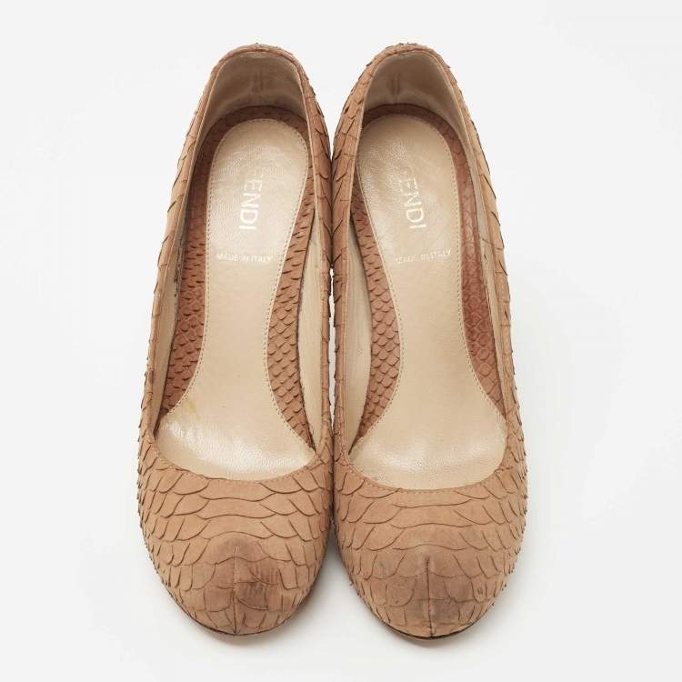 Pre Owned Fendi Brown Python Embossed Leather FF Logo Heel Platform Pumps Size 36.5