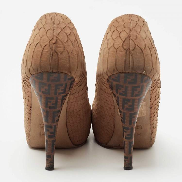 Pre Owned Fendi Brown Python Embossed Leather FF Logo Heel Platform Pumps Size 36.5