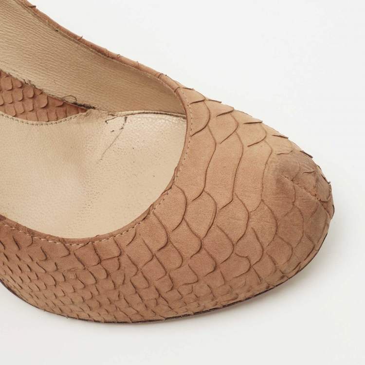 Pre Owned Fendi Brown Python Embossed Leather FF Logo Heel Platform Pumps Size 36.5