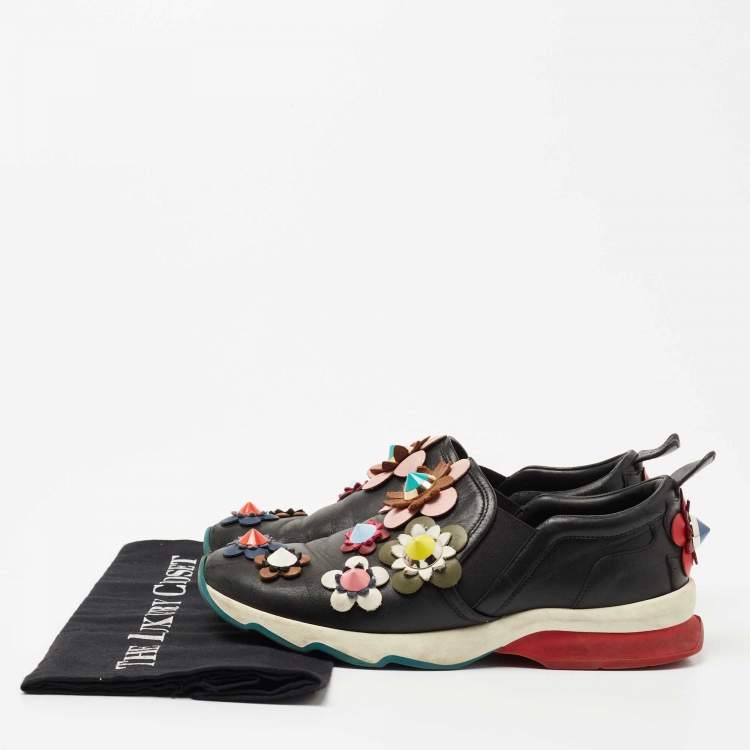 مملوكة مسبقًا Fendi Black Leather Flowerland Slip On Sneakers Size 37