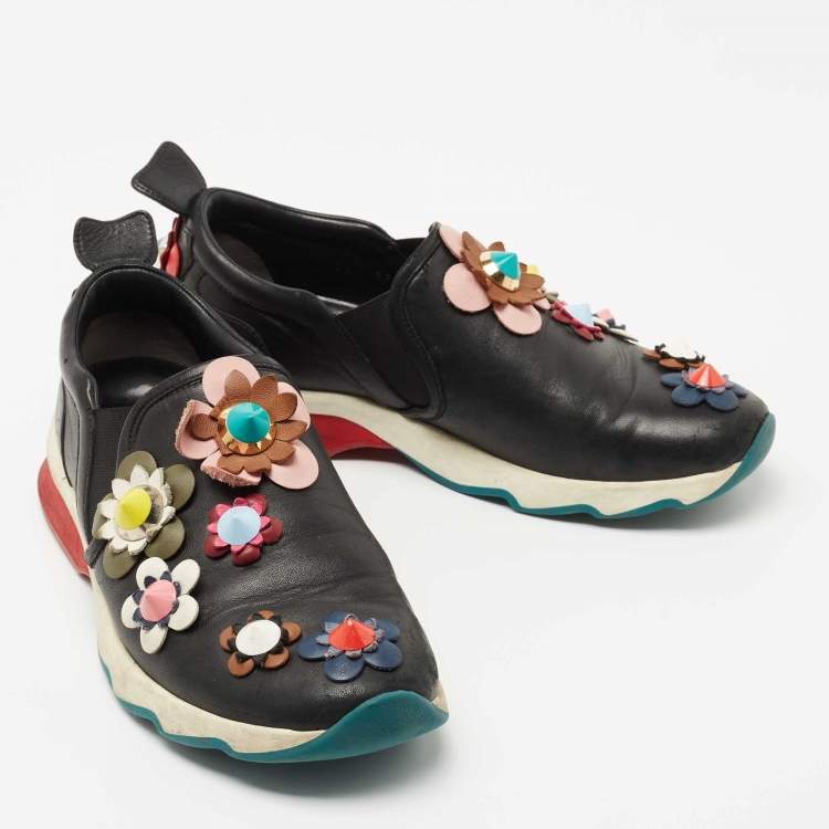 مملوكة مسبقًا Fendi Black Leather Flowerland Slip On Sneakers Size 37