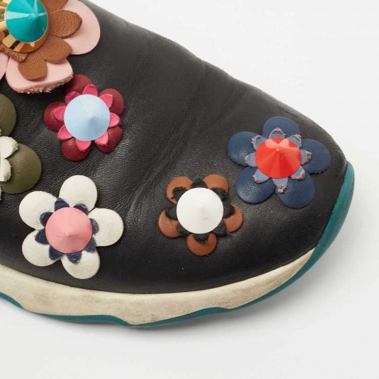 مملوكة مسبقًا Fendi Black Leather Flowerland Slip On Sneakers Size 37