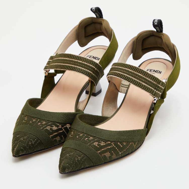 Pre Owned Fendi Multicolor Green Fabric and Nylon Colibri Slingback Sandals Size 37.5
