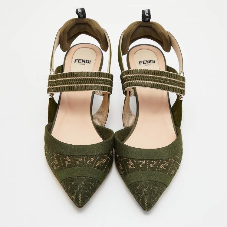 Pre Owned Fendi Multicolor Green Fabric and Nylon Colibri Slingback Sandals Size 37.5