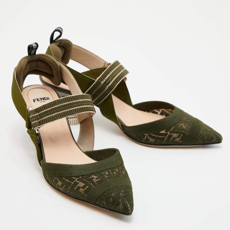 Pre Owned Fendi Multicolor Green Fabric and Nylon Colibri Slingback Sandals Size 37.5