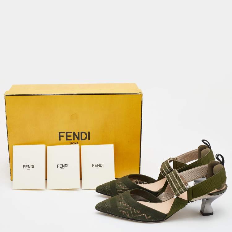 Pre Owned Fendi Multicolor Green Fabric and Nylon Colibri Slingback Sandals Size 37.5