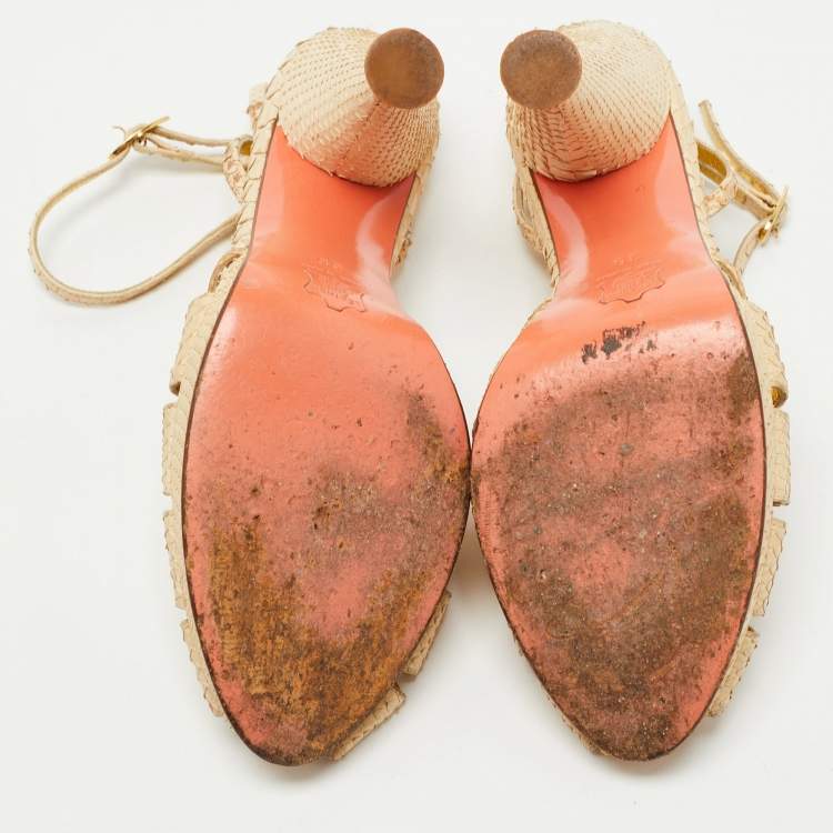 Pre Owned Fendi Beige Snakeskin Leather Ankle Strap Sandals Size 36