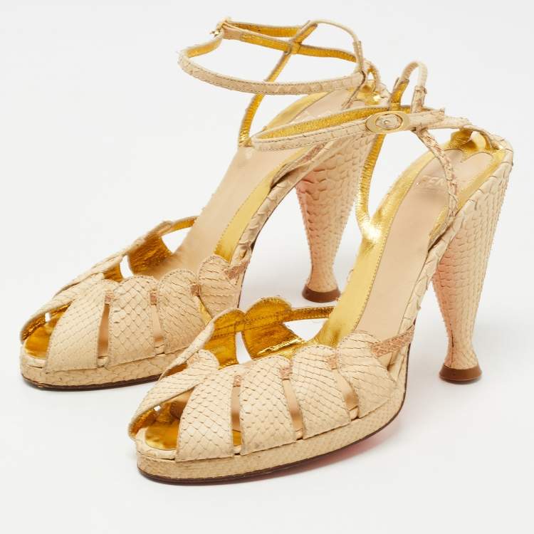 Pre Owned Fendi Beige Snakeskin Leather Ankle Strap Sandals Size 36