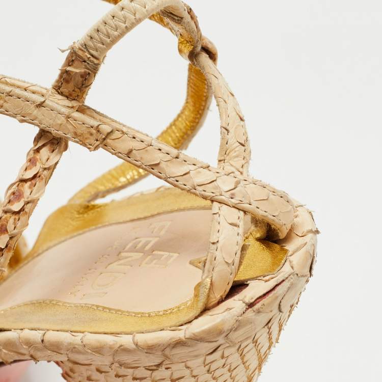 Pre Owned Fendi Beige Snakeskin Leather Ankle Strap Sandals Size 36