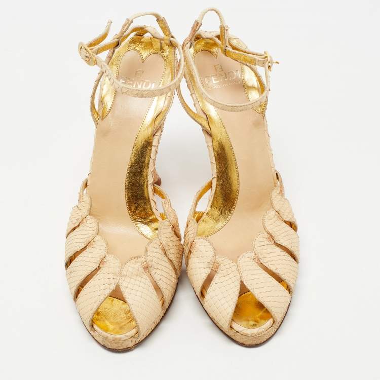 Pre Owned Fendi Beige Snakeskin Leather Ankle Strap Sandals Size 36