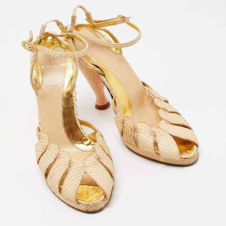 Pre Owned Fendi Beige Snakeskin Leather Ankle Strap Sandals Size 36