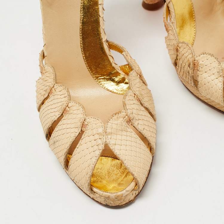 Pre Owned Fendi Beige Snakeskin Leather Ankle Strap Sandals Size 36