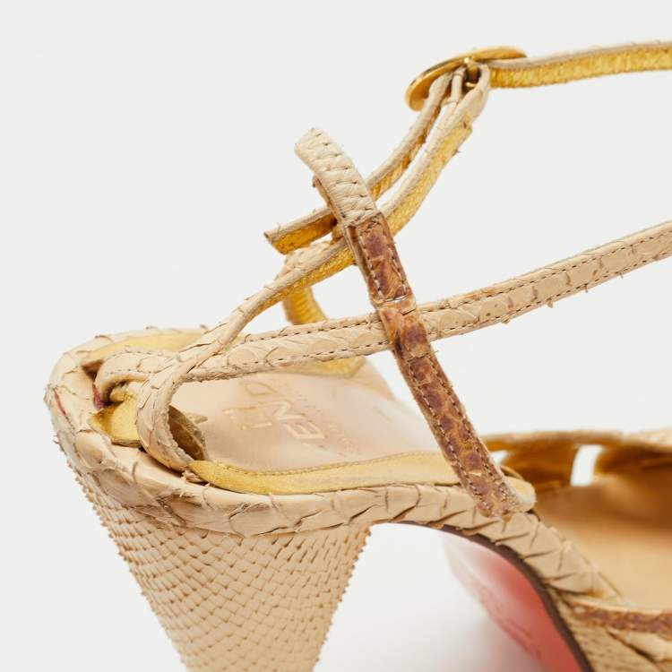 Pre Owned Fendi Beige Snakeskin Leather Ankle Strap Sandals Size 36