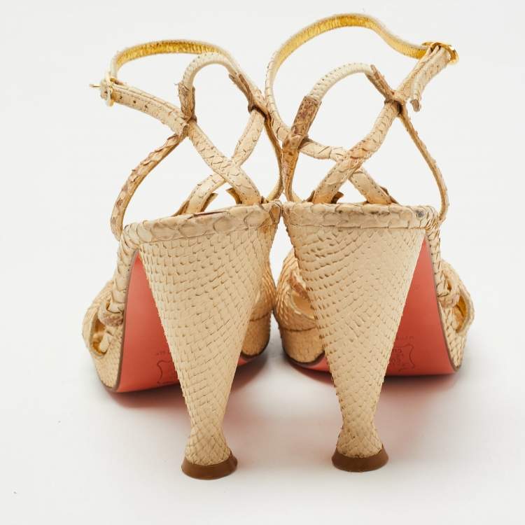 Pre Owned Fendi Beige Snakeskin Leather Ankle Strap Sandals Size 36
