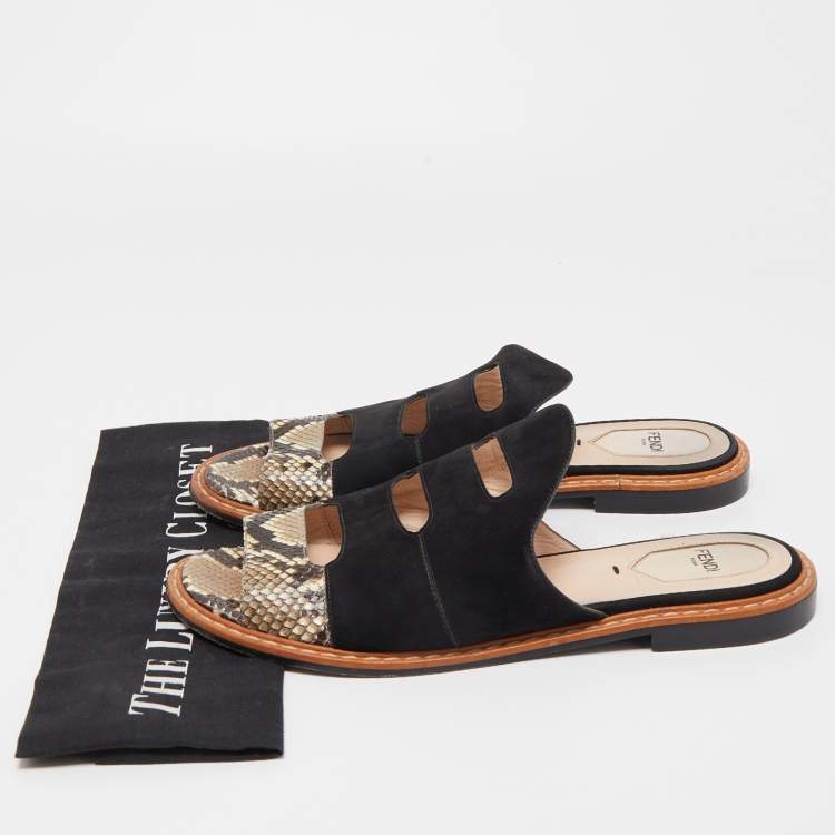Pre Owned Fendi Black/Brown Suede and Python Cut Out Flat Slides Size 40