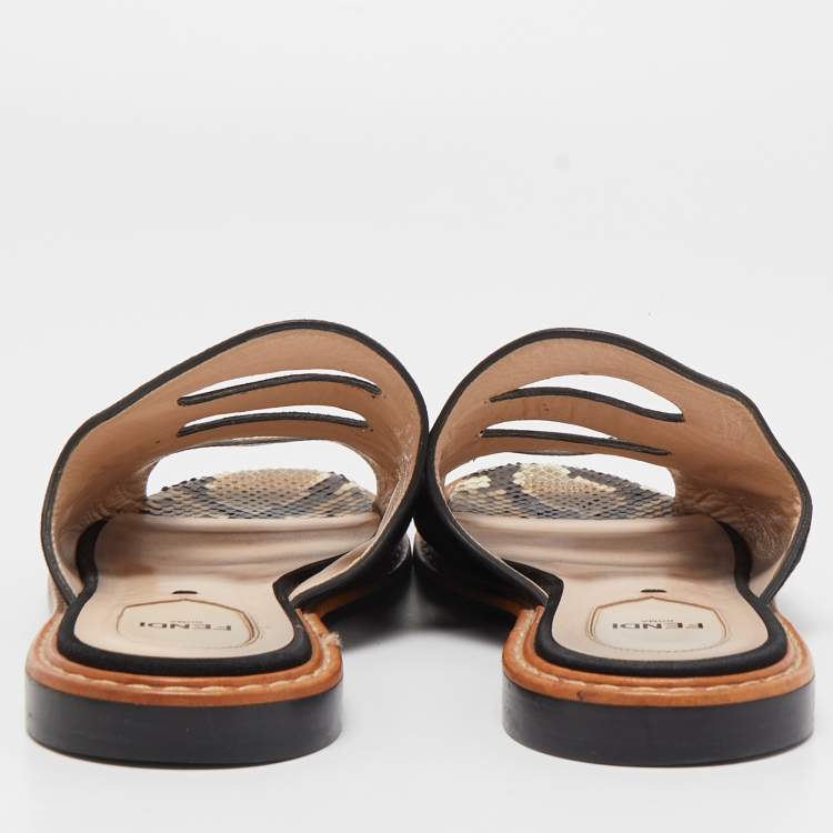 Pre Owned Fendi Black/Brown Suede and Python Cut Out Flat Slides Size 40