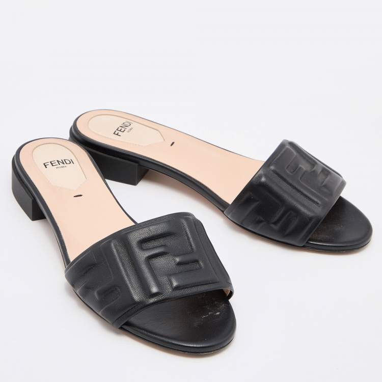 Pre Owned Fendi Black Leather FF Motif Slip On Sandals Size 36