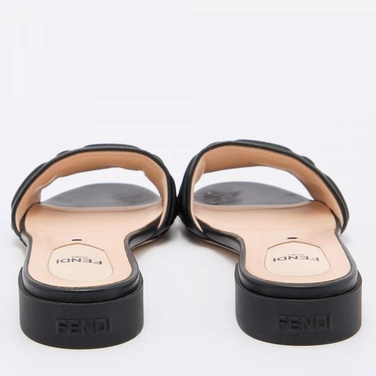 Pre Owned Fendi Black Leather FF Motif Slip On Sandals Size 36