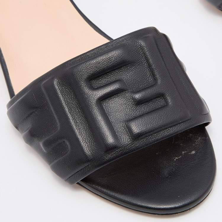 Pre Owned Fendi Black Leather FF Motif Slip On Sandals Size 36
