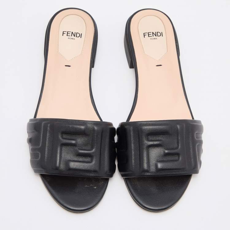 Pre Owned Fendi Black Leather FF Motif Slip On Sandals Size 36