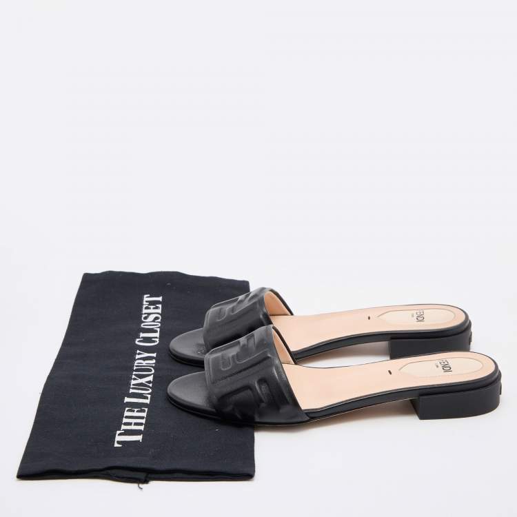 Pre Owned Fendi Black Leather FF Motif Slip On Sandals Size 36