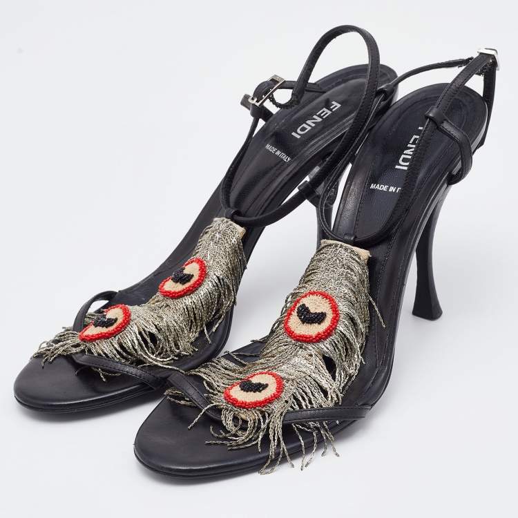 Fendi Black Leather Metal Peacock Feather T-Strap Sandals