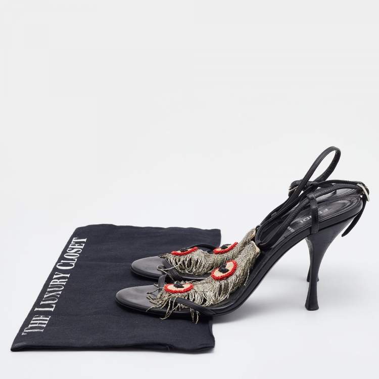 Pre Owned Fendi Black Leather Metal Peacock Feather T-Strap Sandals Size 39