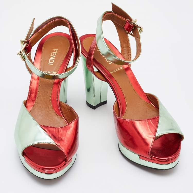Pre Owned Fendi Two Tone Foil Leather Platform Ankle Strap Sandals Size 36.5