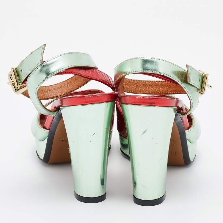 Pre Owned Fendi Two Tone Foil Leather Platform Ankle Strap Sandals Size 36.5