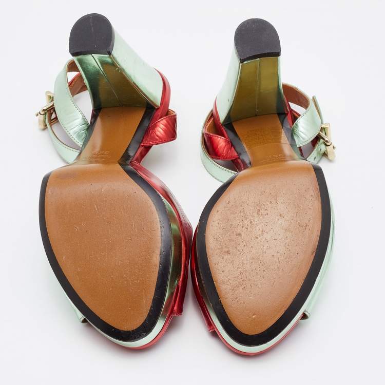 Pre Owned Fendi Two Tone Foil Leather Platform Ankle Strap Sandals Size 36.5
