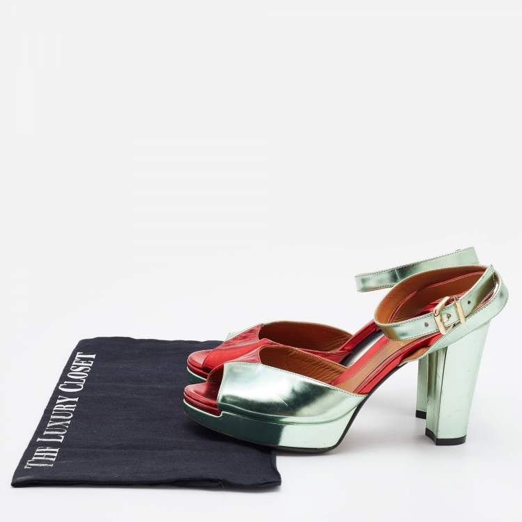 Pre Owned Fendi Two Tone Foil Leather Platform Ankle Strap Sandals Size 36.5