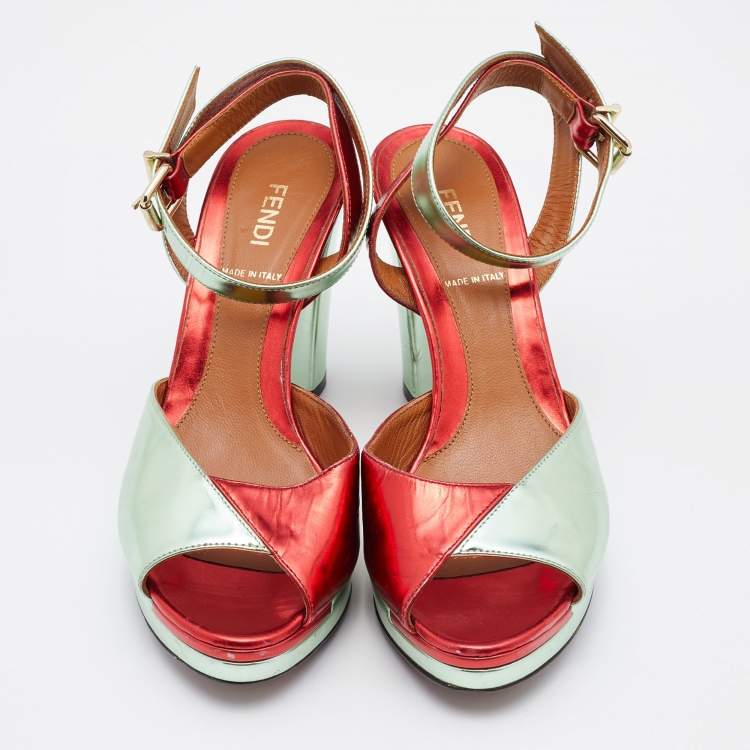 Pre Owned Fendi Two Tone Foil Leather Platform Ankle Strap Sandals Size 36.5