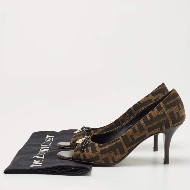 Pre Owned Fendi Brown Zucca Canvas Bow Peep Toe Pumps Size 36